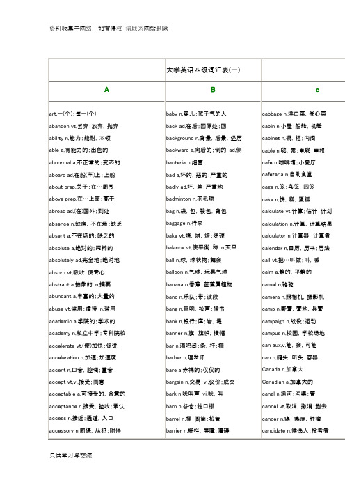 大学英语四级词汇表A-Z