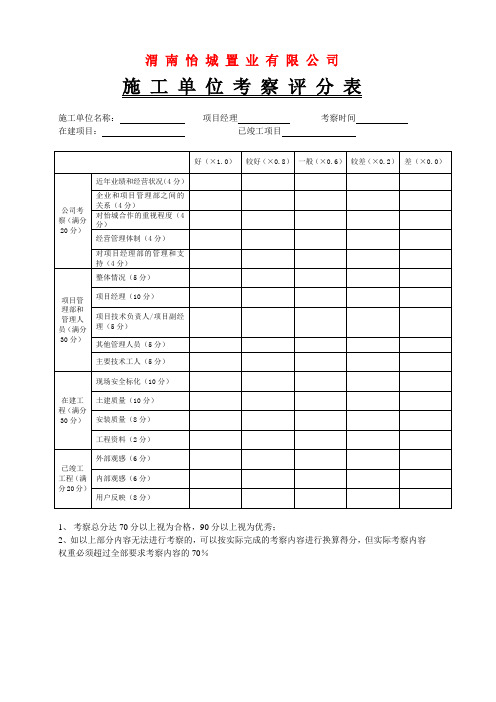 施工单位考察评分表及评分标准