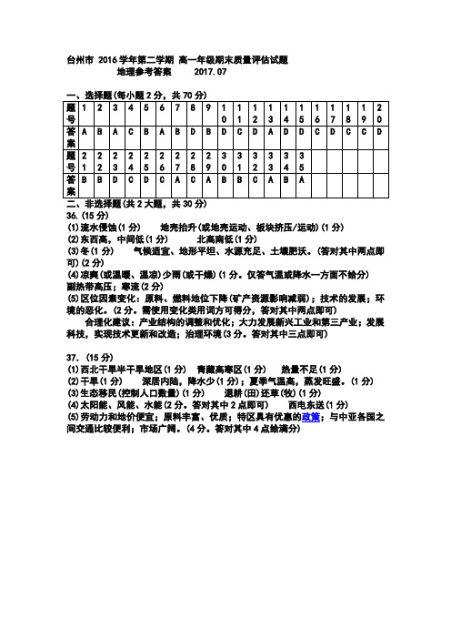 2017年7月浙江省学考选考台州市2016学年第二学期 高一年级期末质量评估试题地理期末试题参考答案