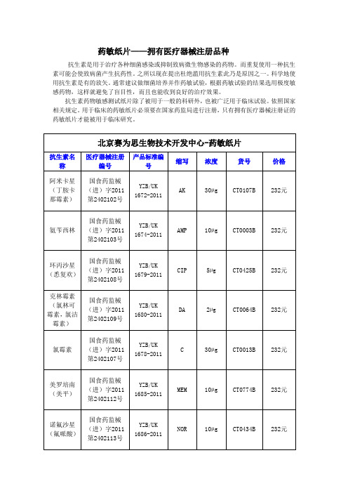 药敏纸片(医疗器械注册证)