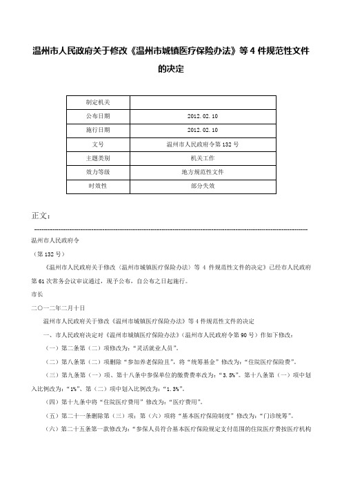 温州市人民政府关于修改《温州市城镇医疗保险办法》等4件规范性文件的决定-温州市人民政府令第132号