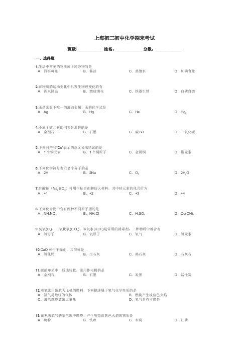 上海初三初中化学期末考试带答案解析
