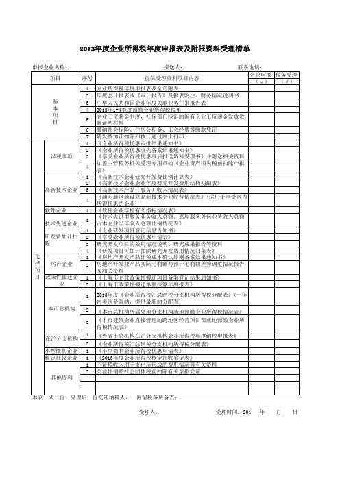 2013年度企业所得税年度申报表附报资料受理清单