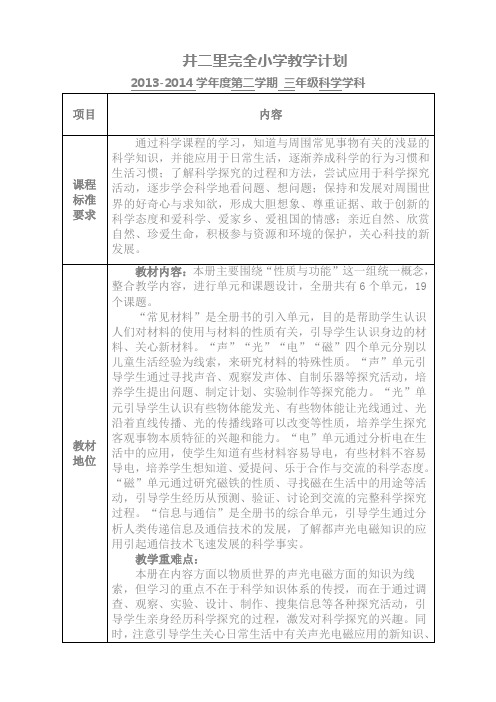 2013-2014冀教版三年级科学下册计划表格