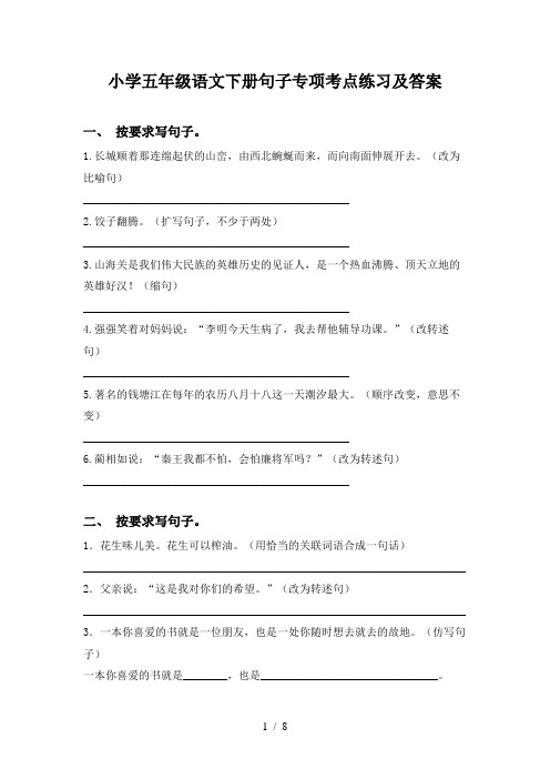 小学五年级语文下册句子专项考点练习及答案