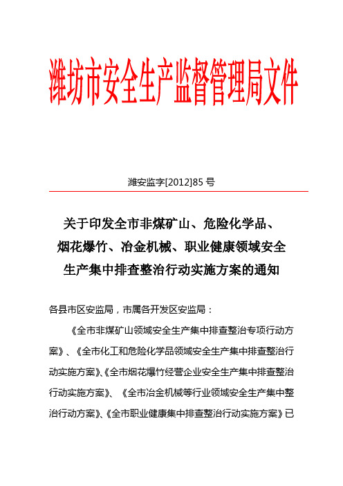 关于印发非煤矿山、危险化学品、烟花爆竹、冶金机械、职业健康领域安全生产集中排查整治行动实施方案的通知