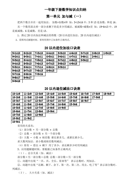 新北师大版一年级下册数学知识点