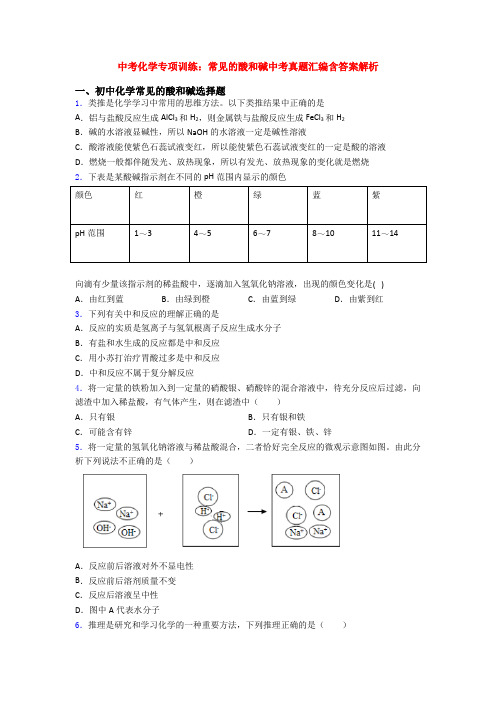 中考化学专项训练：常见的酸和碱中考真题汇编含答案解析