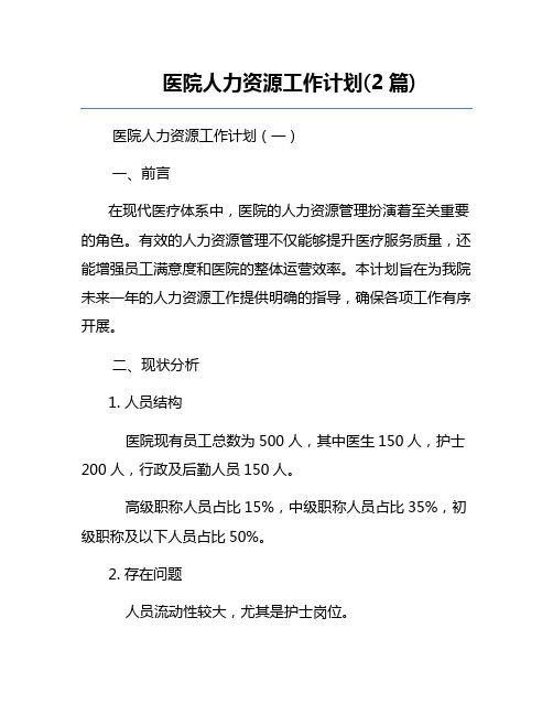 医院人力资源工作计划(2篇)