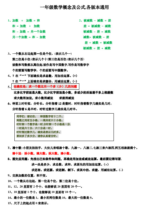 一年级数学概念及公式,各版本通用