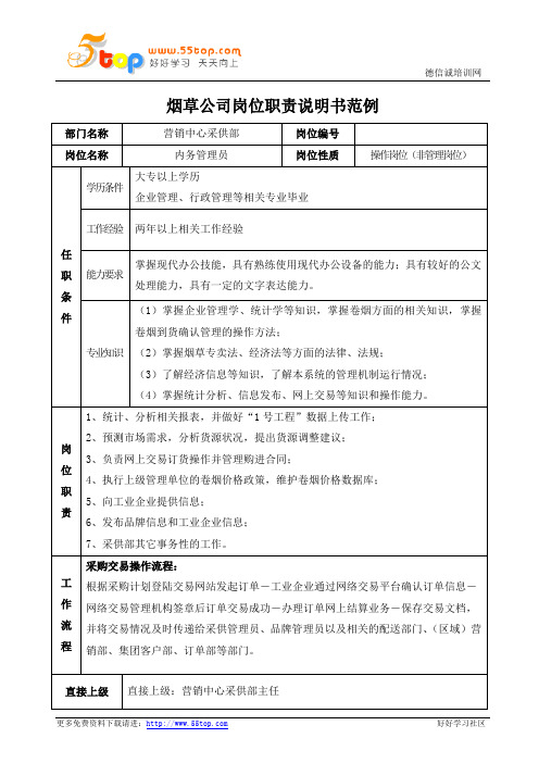 烟草公司营销内务管理员岗位职责说明书