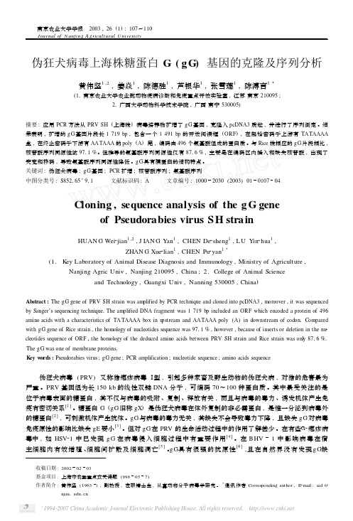 伪狂犬病毒上海株糖蛋白G(gG)基因的克隆及序列