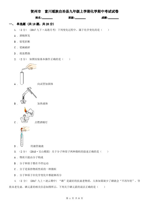 贺州市 富川瑶族自治县九年级上学期化学期中考试试卷