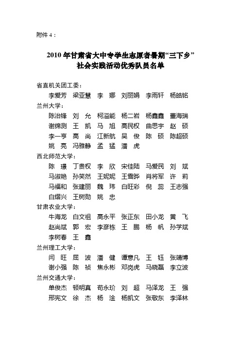 2011年甘肃省大中专学生志愿者暑期“三下乡”社会实践活动优秀队员名单