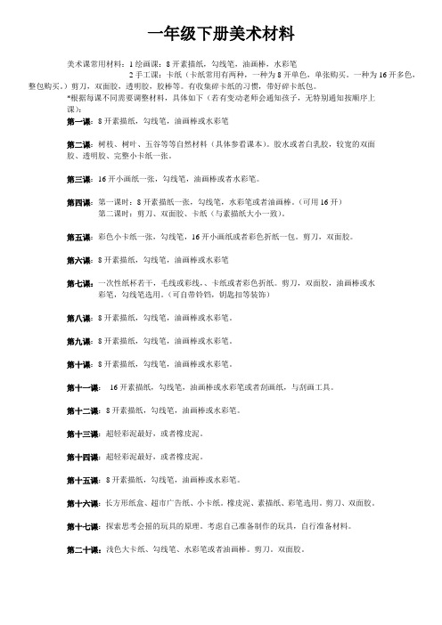 人教版一年级下册美术材料表