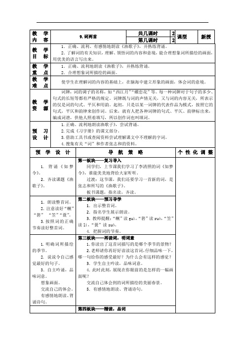 小学语文六年级下册表格式教案：9.词两首2