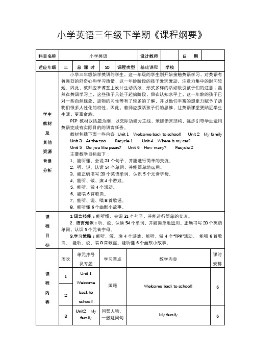 人教版pep三年级英语下册课程纲要