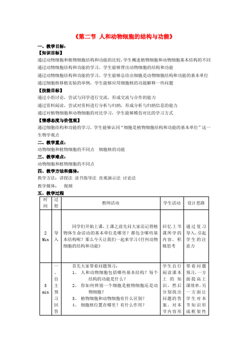 七年级生物上册 3.2 人和动物细胞的结构与功能教学设计 苏教版