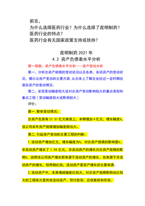 昆明制药资产负债表分析