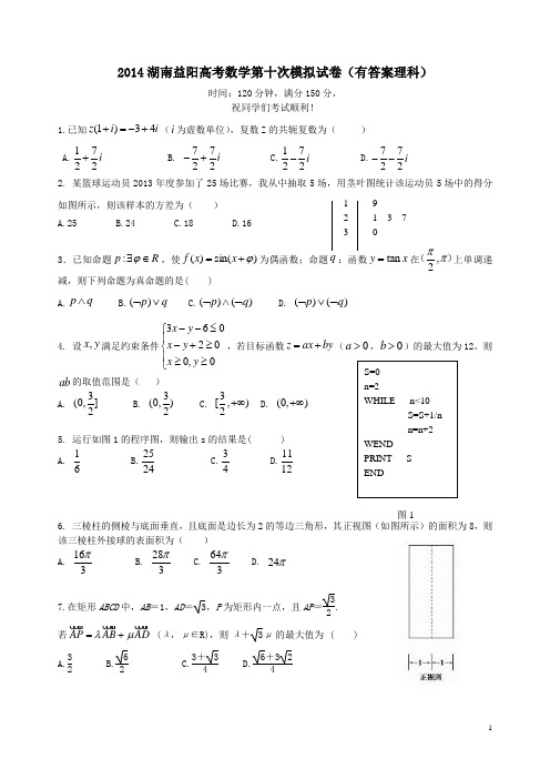 2014湖南益阳高考数学第十次模拟试卷(有答案理科)