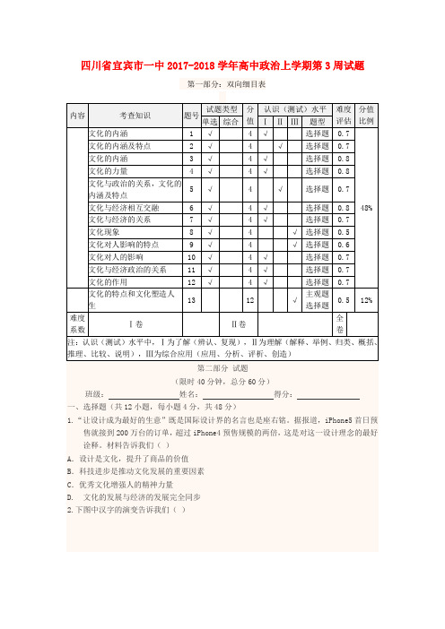 四川省宜宾市一中2017-2018学年高中政治上学期第3周试题