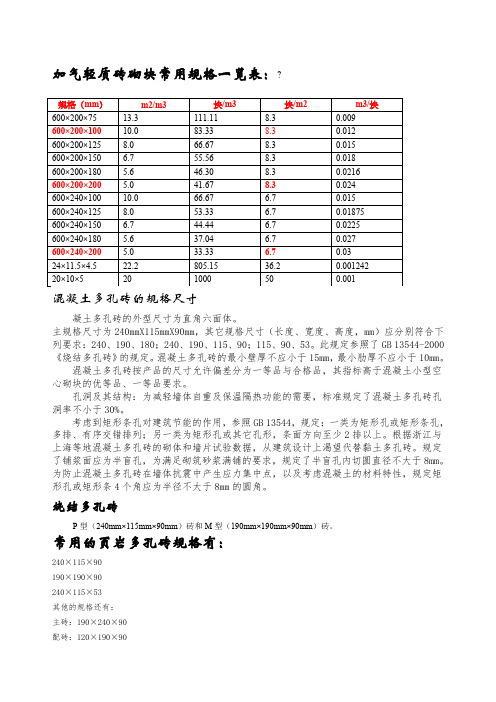 砖砌块常用规格一览表