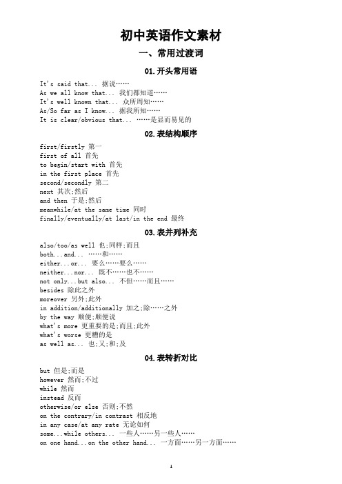 初中英语中考作文素材(9类过渡词+38个常用句型)