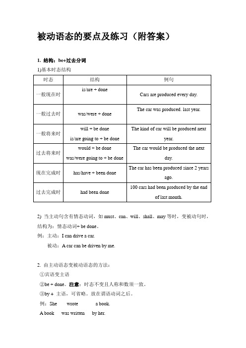 初中被动语态的要点及练习(附答案)