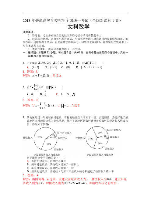 2018年普通高等学校招生全国统一考试(全国新课标Ⅰ卷)  文科数学试题及详解