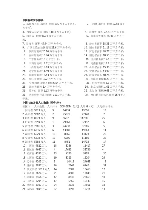 中国各省面积和人口排名