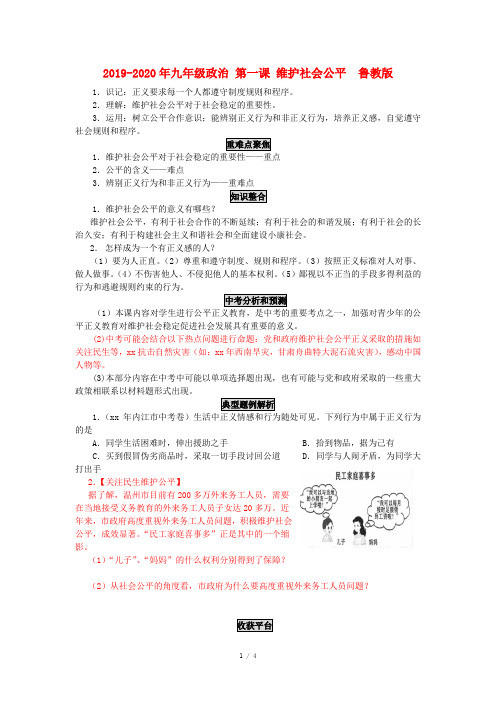 2019-2020年九年级政治 第一课 维护社会公平  鲁教版