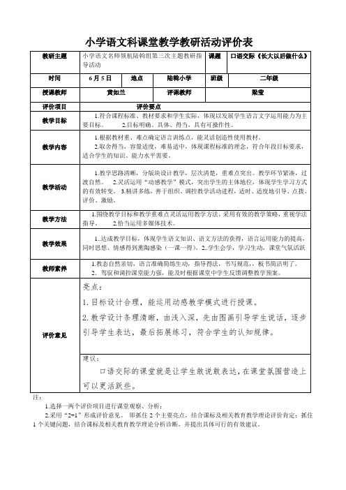 小学语文教研活动评价表