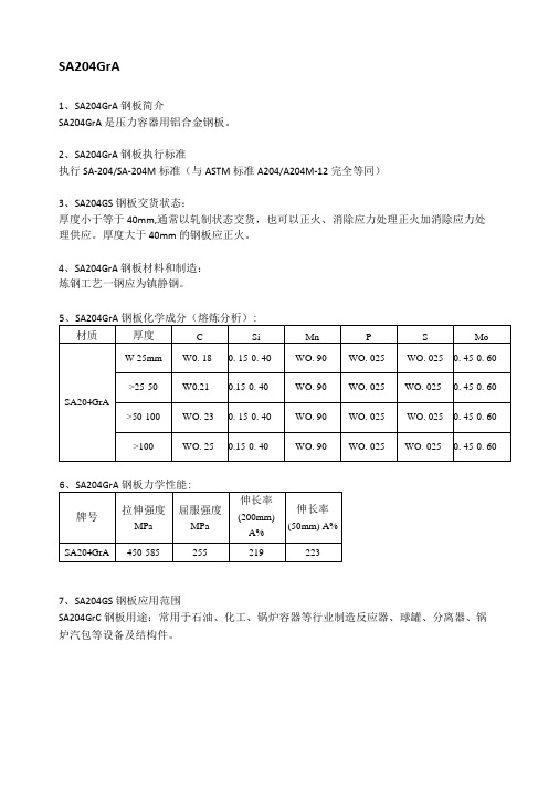 SA204GrA美标容器板成分性能及执行标准