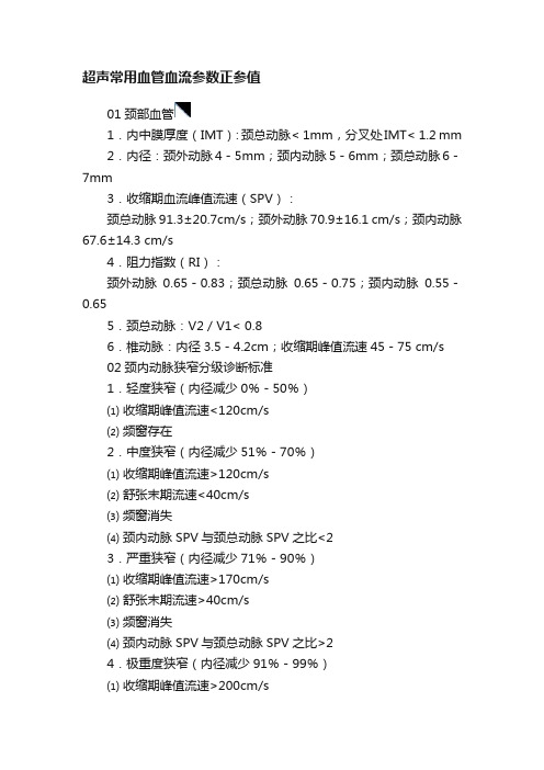 超声常用血管血流参数正参值