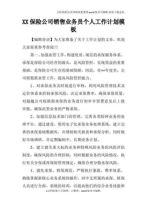 XX保险公司销售业务员个人工作计划模板