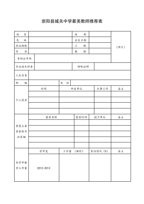 崇阳县城关中学最美教师、最美班主任推荐表