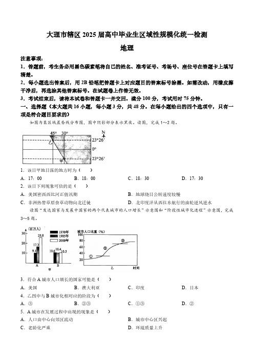 云南省大理市2024-2025学年高三上学期规模化统一检测地理试题(含答案)