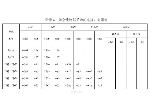 常用电力线路阻抗表