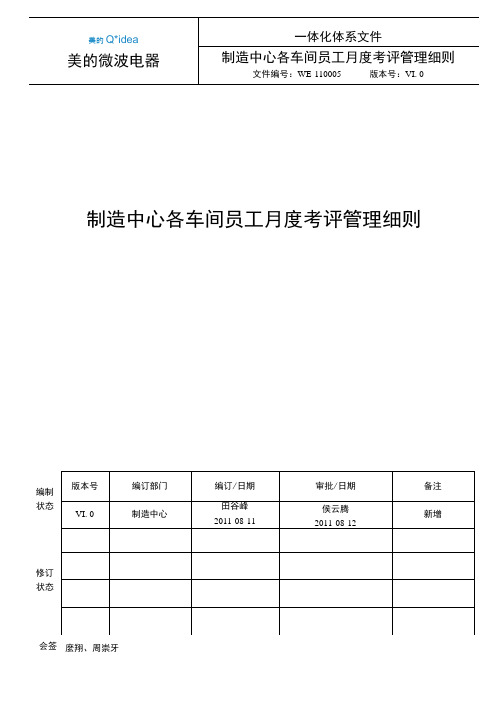 制造中心各车间员工月度考评管理细则V1.0