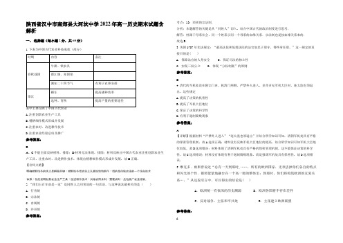 陕西省汉中市南郑县大河坎中学2022年高一历史期末试题含解析