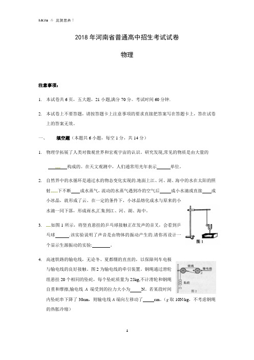 2018年河南省中考物理试题(详细答案解析版)