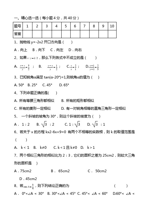 2020-2021学年度第一学期九年级期末质量检测数学试卷 含答案