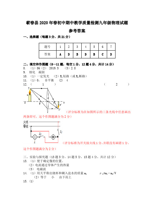 蕲春县2020年春初中期中教学质量检测九年级物理试题参考答案