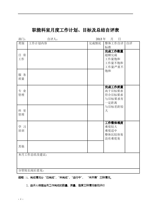 医院职能科室月度工作计划、目标及总结自评表