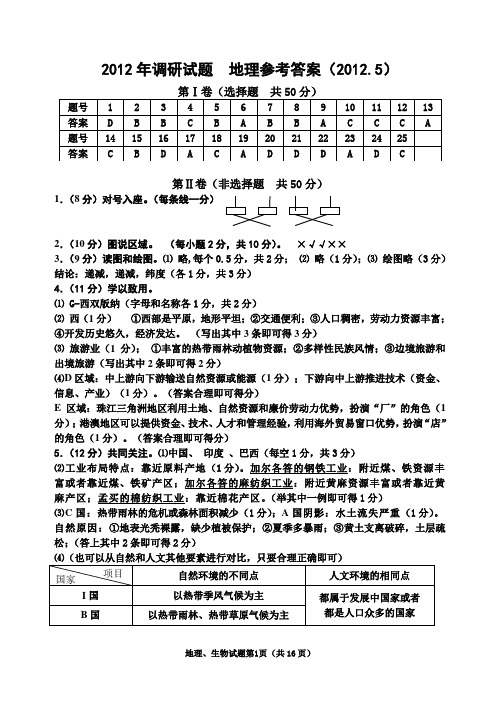 2012年调研试题  地理参考答案