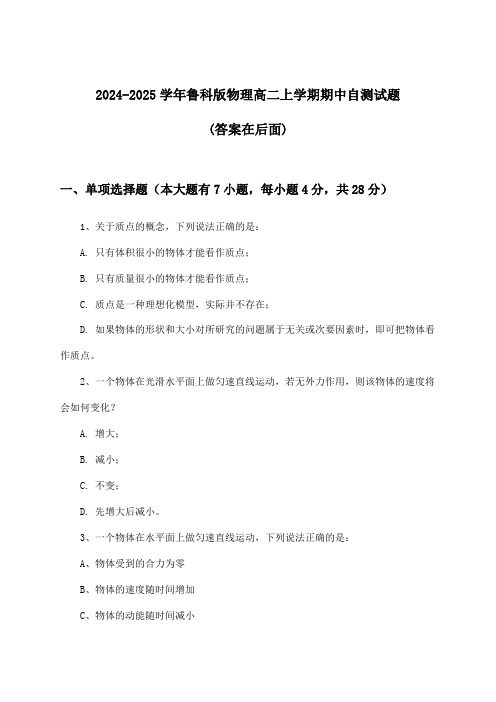 鲁科版物理高二上学期期中试题与参考答案(2024-2025学年)