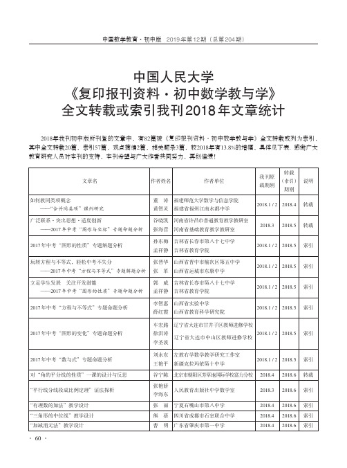 中国人民大学《复印报刊资料·初中数学教与学》全文转载或索引我