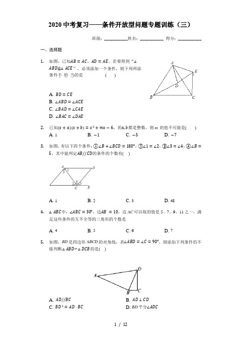 2020年中考复习——条件开放型问题专题训练(三)