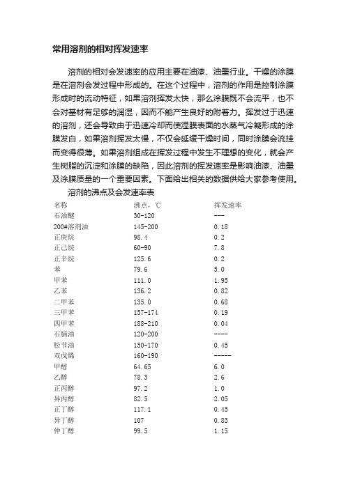 常用溶剂的相对挥发速率