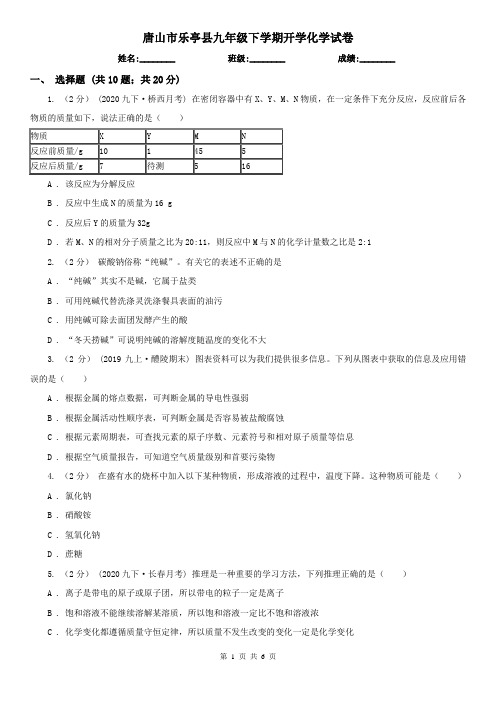 唐山市乐亭县九年级下学期开学化学试卷